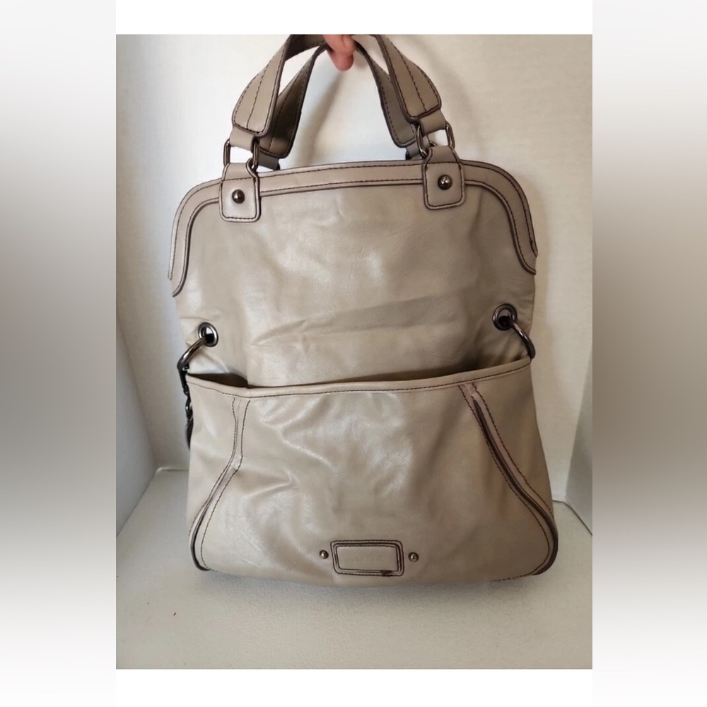 Vintage Nine West Taupe Fold Over Convertible Leather Tote Satchel - Picture 9 of 13